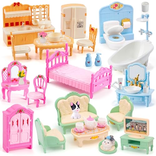 HAPGFS 45 Pcs Dollhouse Furniture Set Accessories Pretend Play Bedroom Living Room Bathroom Kitchen Doll House Mini Furniture for Kids Birthday and...