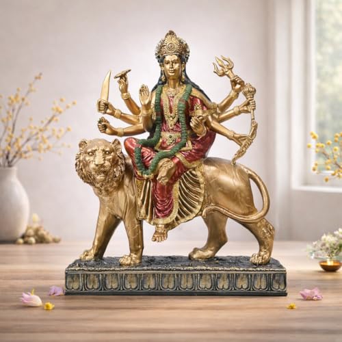 Image of ARMONIA Maa Durga Idol with Lion - Sherawali Mata Murti for Home Decor, Puja Mandir & Office Desk | Vaishno Devi Durga Mata Statue |Antique Polystone Goddess Idol for Navratri Gift (Height:12.20 Inch)