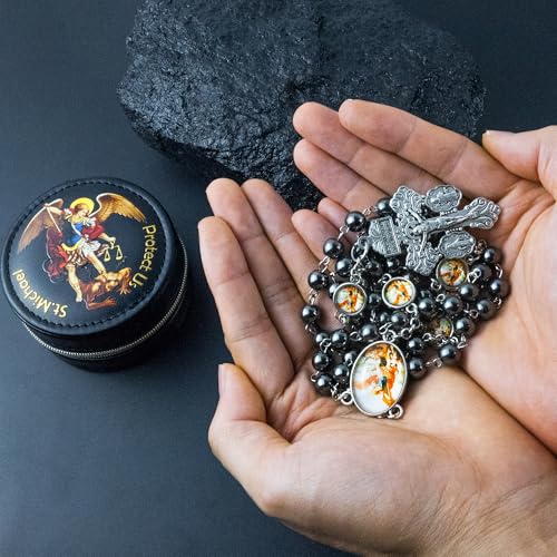 St. Michael the Archangel Catholic Rosary Necklace for Men, 8MM Black Hematite Prayer Beads Packed in Travel Jewelry Box, Rosary Beads Catholic Saints Gifts for Men3