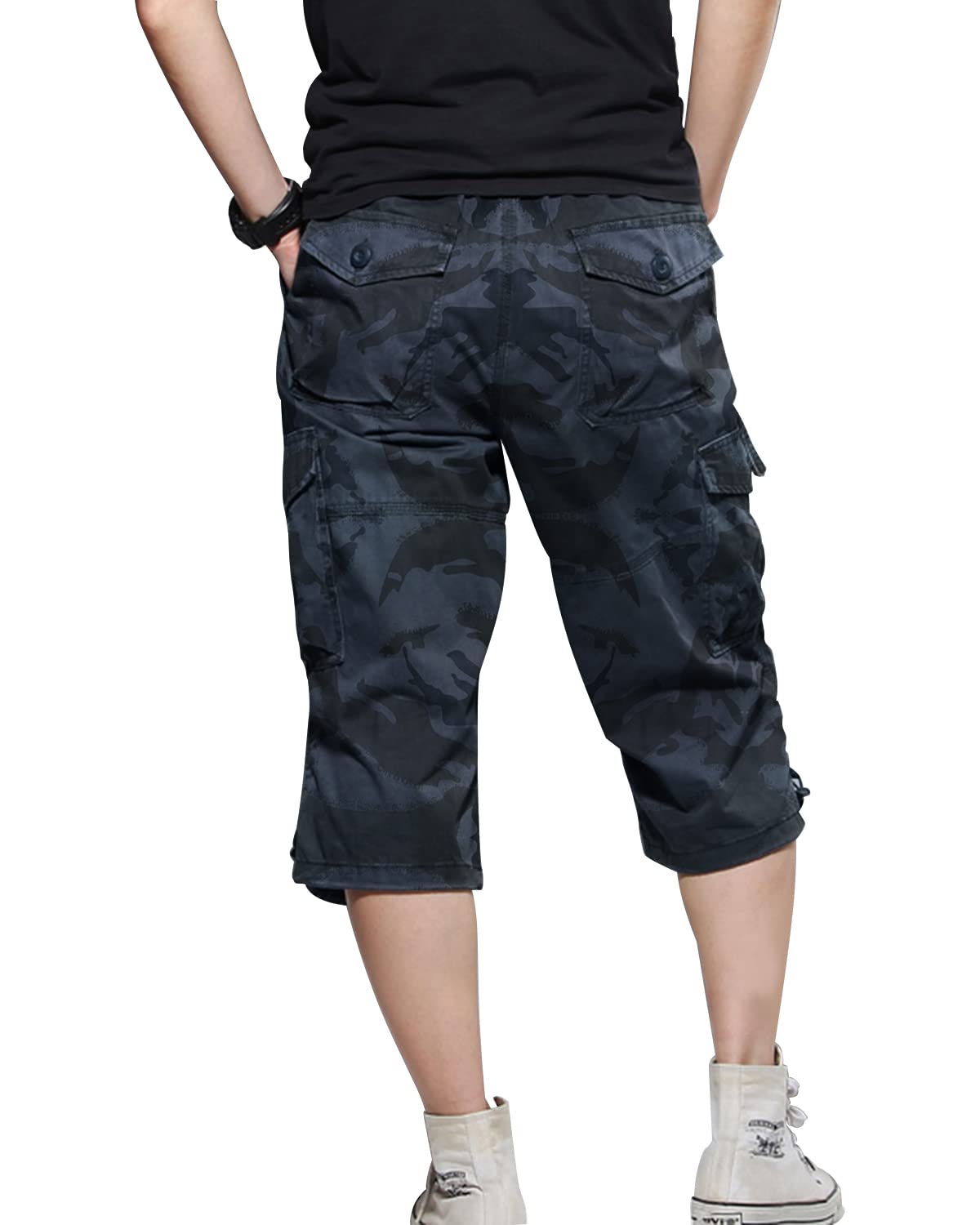 Short Bermuda Homme Cargo, Taille Élastique, Pantalon Casual en Coton avec Ceinture