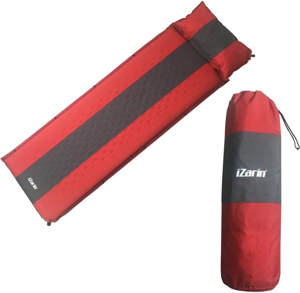 iZarin® Self Inflating Sleeping Pad with Pillow/Inflatable Sleeping Mat/Compact & Waterproof Camping Mattress/Durable & Folding Inflating Airbed for Backpacking, Hiking/Tent, Ground or Hammock