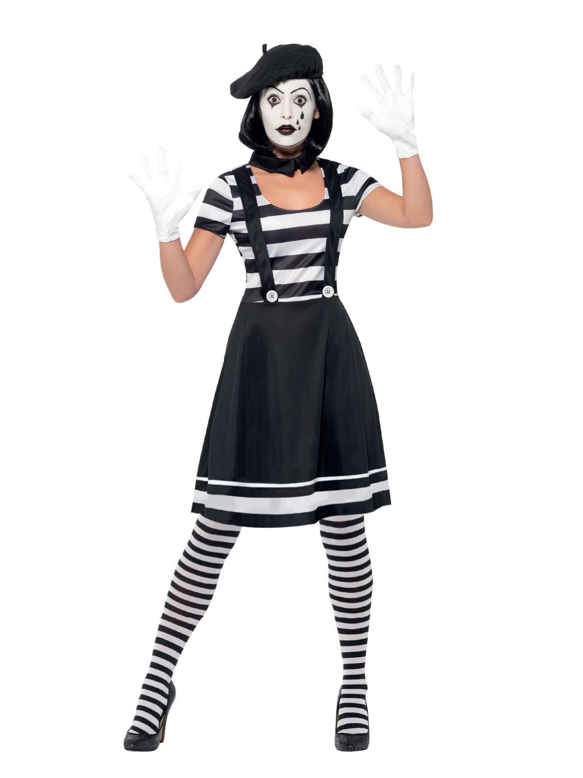 Smiffy's Women's Lady Mime Artist Costume, Dress, Collar, Beret, Gloves, Tights - Mime Artist Fancy Dress Ladies French Costume Circus New Adults