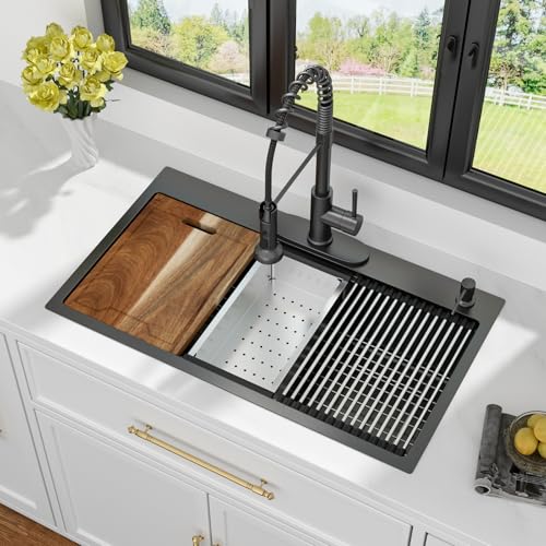 Image of 33 Black Drop In Kitchen Sink Workstation - Kichae 33x19 Drop In Kitchen Sink Black Stainless Steel Topmount 16 Gauge Deep Single Bowl Basin Round Corner