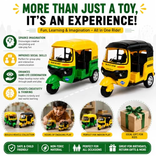 Image of PLUSPOINT Auto Rickshaw Toy,with Pull Back Action City Traffic Vehicles Public Transport Toy with Light and Sound for Aged 3 4 5 6 Boys and Girls,Kids Party Favors Gifts (Green- 2Pc)