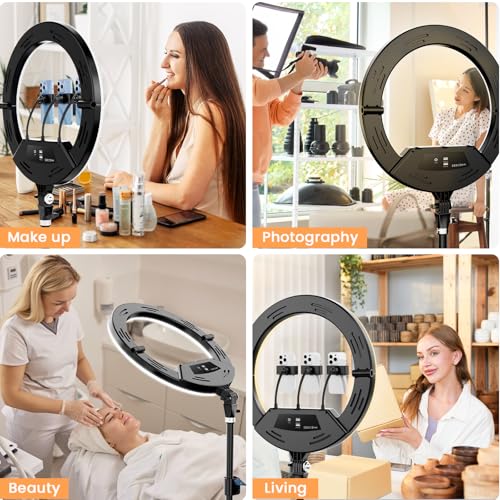 18" Foldable Ring Light with Stand for iPhone ipad, LED Display/2 USB Ports/4 Phone Tablet Holders, 2700-6500K Dimmable Ring Light for Tattoo Barber Makeup Studio Video Recording Photography