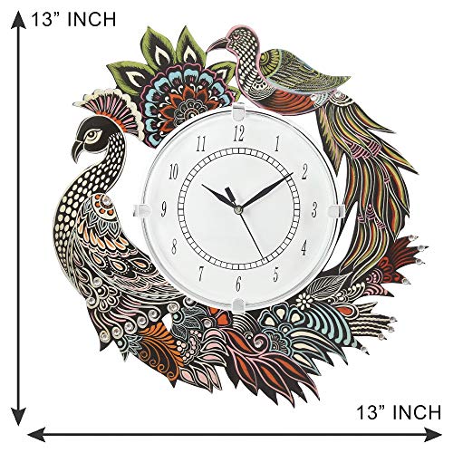Image of Wooden Peacock Theme Wall Clock Round Quartz Analog Antique Decorative Clock for Home Decor