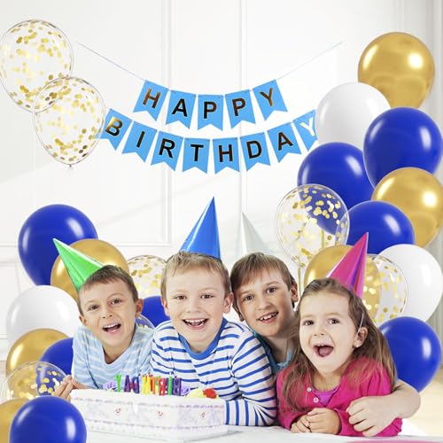 Image of BAUANOOY Royal Blue Gold White balloons, 60pcs 12 Inch Navy Blue Metallic Gold Confetti Balloon for Wedding Graduation Baby Shower Birthday Decorations