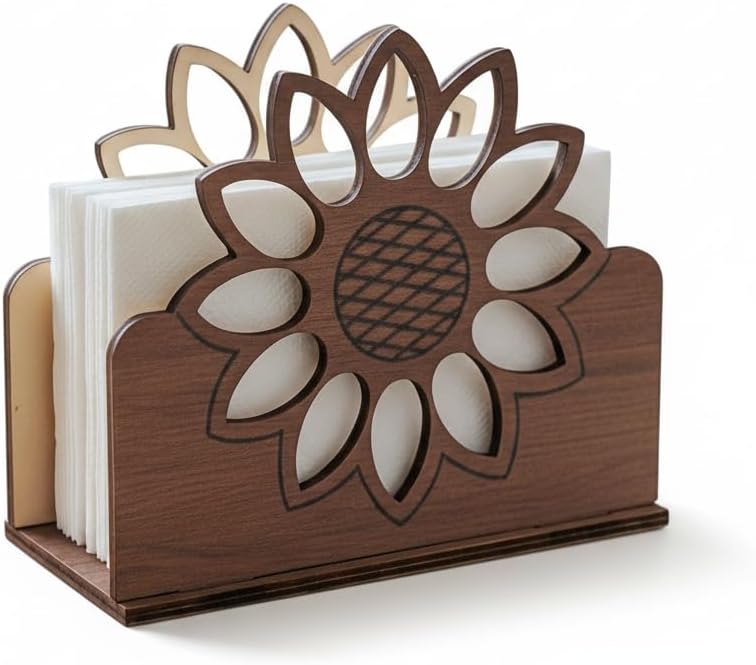Rustic Wood Sunflower Napkin Holder for Kitchen Countertop Decorative Paper Tissue Dispenser Organizer