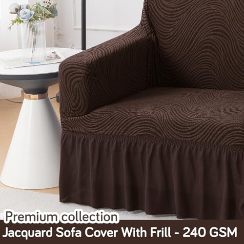 Image of HOKIPO 1 Seater Sofa Cover with Frill - 240 GSM Premium Jacquard Stretchable Fully Covered Slipcover, 'Serene Wave Series' Dark Chocolate (AR-6352-DCHOC)