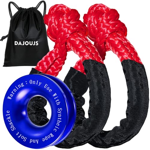 DAJOUJS Synthetic Soft Shackle Rope 1/2 x 22 Inch Red Recovery Tow Shackles with Blue Recovery Ring 56,000lbs Breaking Strength Offroad Soft Shackle Recovery Kit for Off-Road Winch and Vehicle Towing