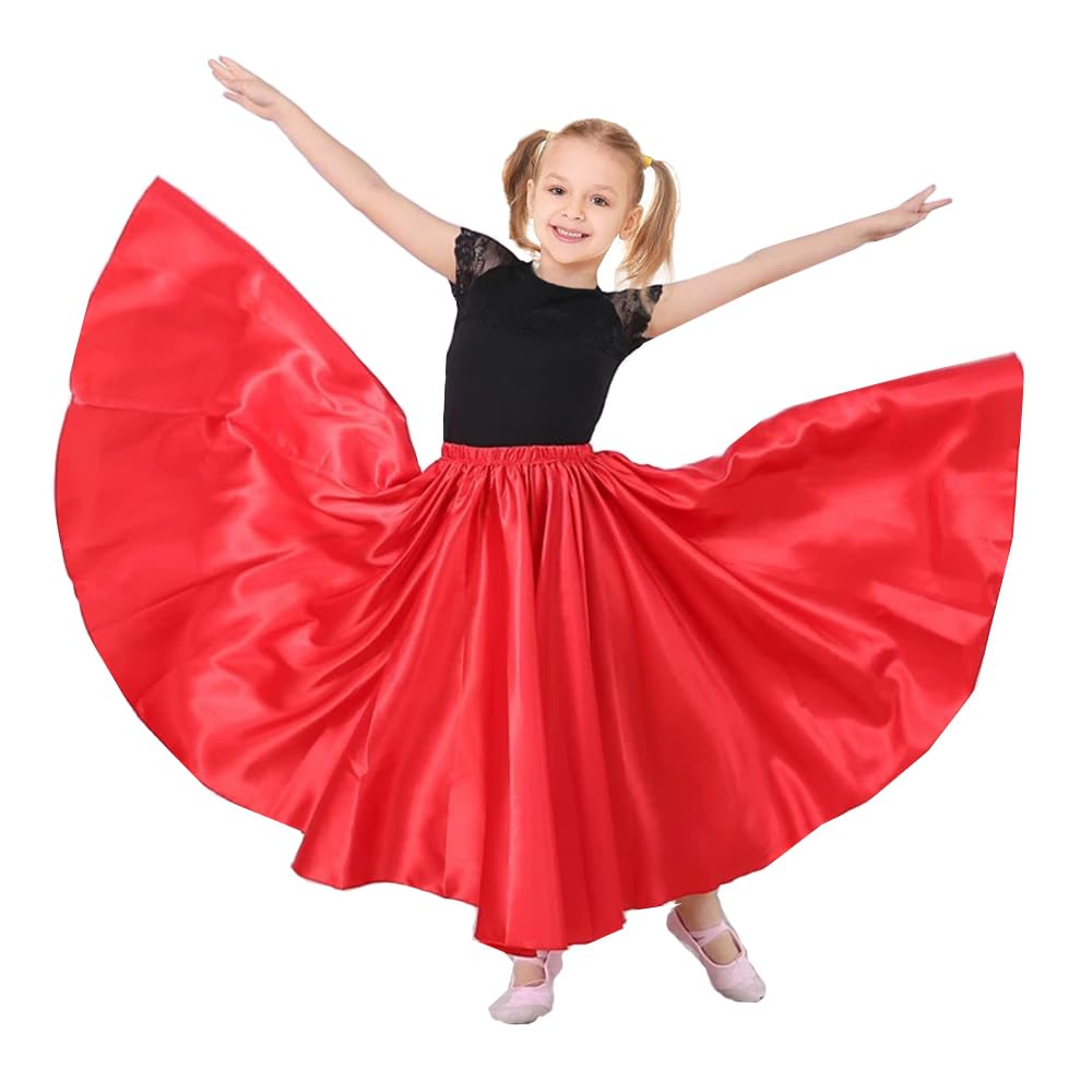 Belly Dance Circle Long Ankle Length Maxi Satin Belly Latin Dance Skirt for Kids Girls Costume 8-12 Years (US, Alpha, One Size, Red)