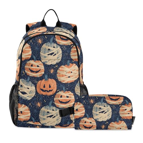 Kids Backpack Halloween Blue Orange Pumpkin Mummies School Bookbag with Lunch Bag for Boys Girls Preschool Kindergarten Elementary Laptop Daypack
