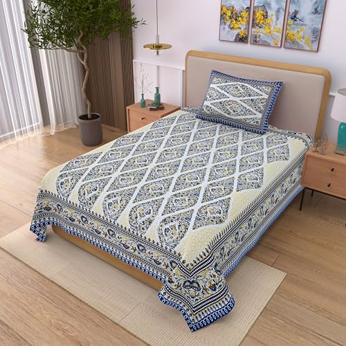Image of 100% Cotton Single Bedsheet with 1 Pillow Cover | 240 TC Pure Cotton Flat Bed Sheet | Traditional Jaipuri Printed Bedding Set | Soft & Breathable | 60 x 90 Inch (Rangmahal Single 30)