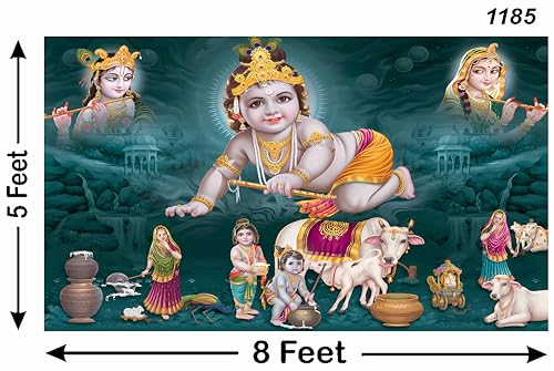 Image of Bal Krishna with Matuki and Cows Design Backdrop Curtain for Decoration for Pooja Especially for Krishna Janmashtami Traditional Festival Size-5 Feet Height and 8 Feet Width(5 * 8)