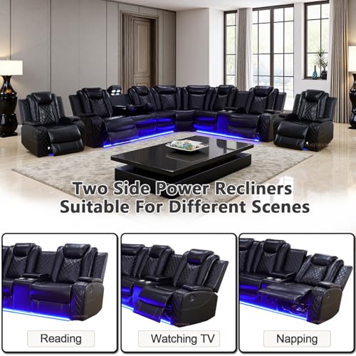 Image of Black Power Reclining Sectional Sofa Set, Living Room Furniture Sets, Leather Recliner Corner Couches and Chair, Power Recliner Sectional with Cup Holder /Storage Console for Living Room