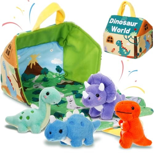 LaRandom 5 Pcs Dinosaur Plush Toys Set with Carry House, 4 Small Stuffed Dinosaurs and Playmat Bag for Dino Birthday Party Favors Goodie Bag Fillers Stocking Stuffers Classroom Prize Gifts