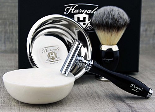 Haryali London, Kit completo da barba per uomo 5 pezzi: rasoio di sicurezza a doppio taglio, pennello da barba sintetico, ciotola da barba, sapone e supporto per la rasatura tradizionale a umido