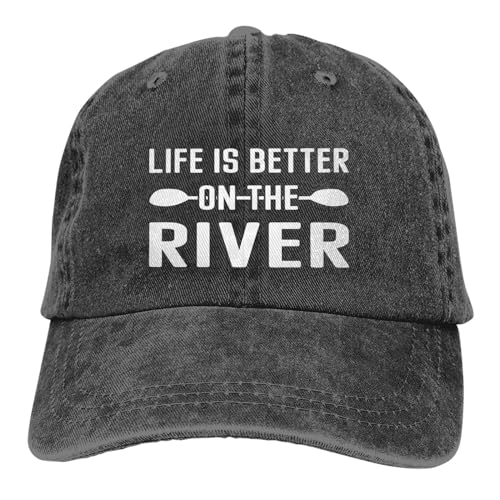 Generic Life is Better On The River Hat Funny Cotton Hats Adjustable Vintage Cowboy Baseball Cap for Men Women Black