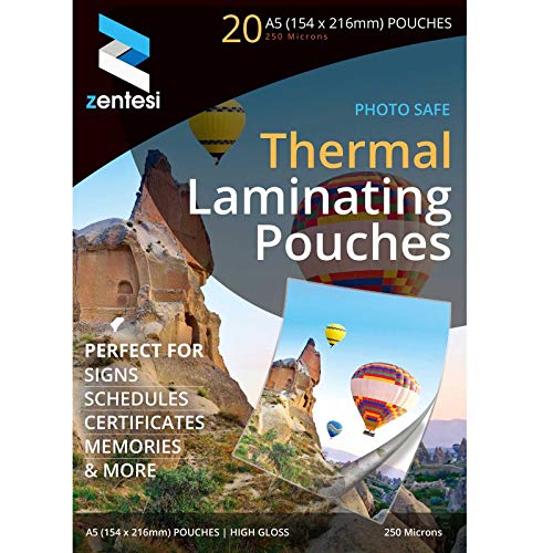 Zentesi A5 Laminating Pouches High Gloss Laminator Sleeves 250 Micron (125 + 125 Microns) Glossy Laminate Pouch Sheets - Pack of 20