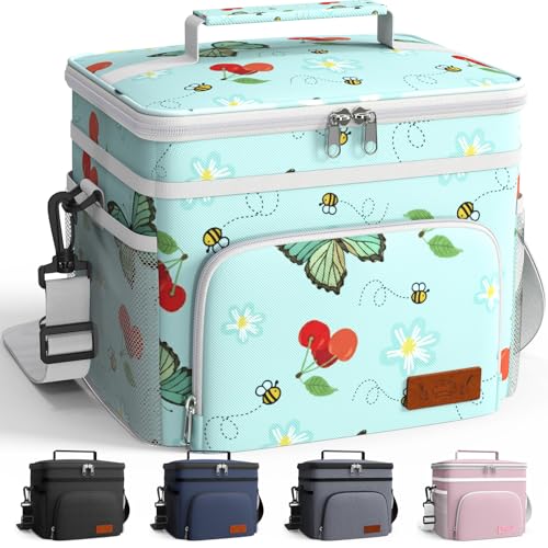 Image of HOTOR Insulated Lunch Box Men Women Leak-Proof Cooler Lunch Bag 9L | 4 Pockets, Adjustable Strap, Ideal for Work, Picnic, Travel, Camping, Gift, Green Flower
