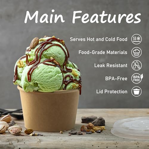 Image of ESSENTIAL Paper Ice Cream Cups with Lids, 50 Pcs 8oz Paper Snack Bowls | Disposable Dessert Bowls with Lids for Hot or Cold Food, Paper Snack Containers for Sundae, Frozen Yogurt, Soup (Brown)