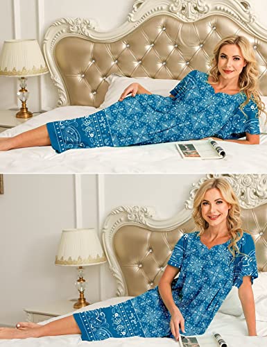Image of Bloggerlove Mumu House Dress for Women with Pockets Short Sleeve Nightgowns | 15% Cotton, 80% Polyester, 5% Spandex, Floral Mumu House Dress, V-Neck, Short Sleeves, Midi Length, 2 Side Pockets, Lounging