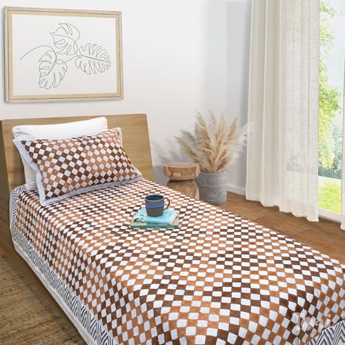 Image of TOAI Hand Block Printed Bedsheet | Bed Spread Flatsheet Bed Sheet | Pure Cotton | Single Bed Size 60 inchx90 inch | 300 TC Long Staple Cotton | 1 Reversible Pillow Cover |Checks Lines Brown