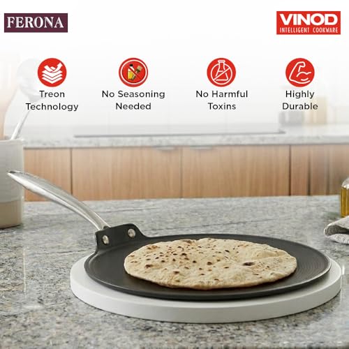 Image of Vinod Ferona Lightweight Cast Iron Roti Tawa - 26 cm | No Seasoning Required | Naturally Stick-Free | Steel Riveted Handle | Metal Spoon Safe | Gas Stove Compatible | No PTFE & PFOA | 2-Year Warranty