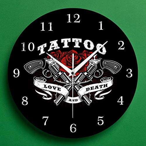 Wall Clock 12 Inch Vintage Tattoo Logo Printed Love And Death Rose And Tattoo Guns Clock Tattoo Studio Gothic Battery Operated Silent Non-Ticking For Home Office School Bedroom Decor Gift Ideas #TOP1