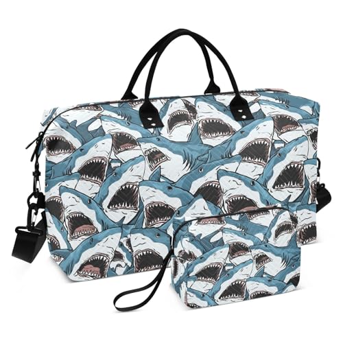 Shark Cartoon Funny Blue Large Travel Duffle Bag Weekender Overnight Bags Gym Yoga Bag for Women Men with Toiletry Bag