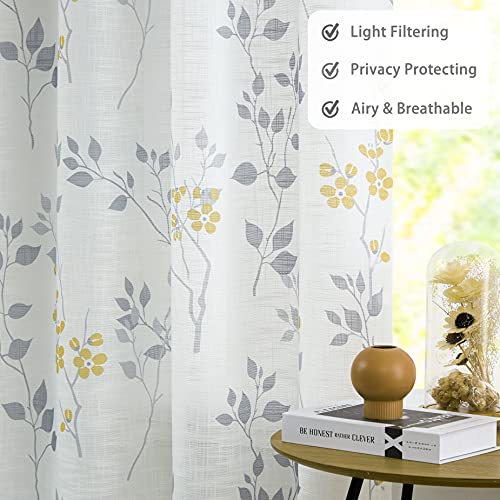 Beauoop Floral Semi Sheer Curtains 84 Inch Long For Living Room Bedroom Farmhouse Botanical Leaf Printed Rustic Linen Texture Panel Drapes Rod Pocket Window Treatment,2 Panels,50 Inch Wide,Yellow/Gray #TOP1