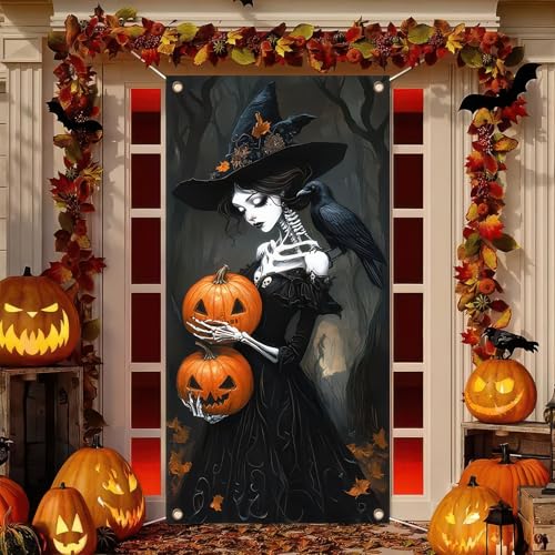 Image of BlissYard Halloween Door Cover Pumpkin Skeleton Witch 35 x 71 Inch