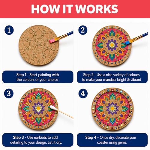 Image of Little Berry Mandala Coaster Painting Kit for Kids & Adults | DIY Wooden Tea Coaster Craft Kit with 6 Pre-Marked Coasters, 12 Non-Toxic Paints, Brush & Stand | Art & Craft Gift for Boys & Girls 5+