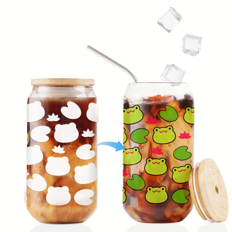 Onebttl Frog Gifts for Women & Girls, Iced Color Changing 17oz Can Glass with Bamboo Lid and Straw, Iced Coffee Cup, Perfect for Christmas, Birthday