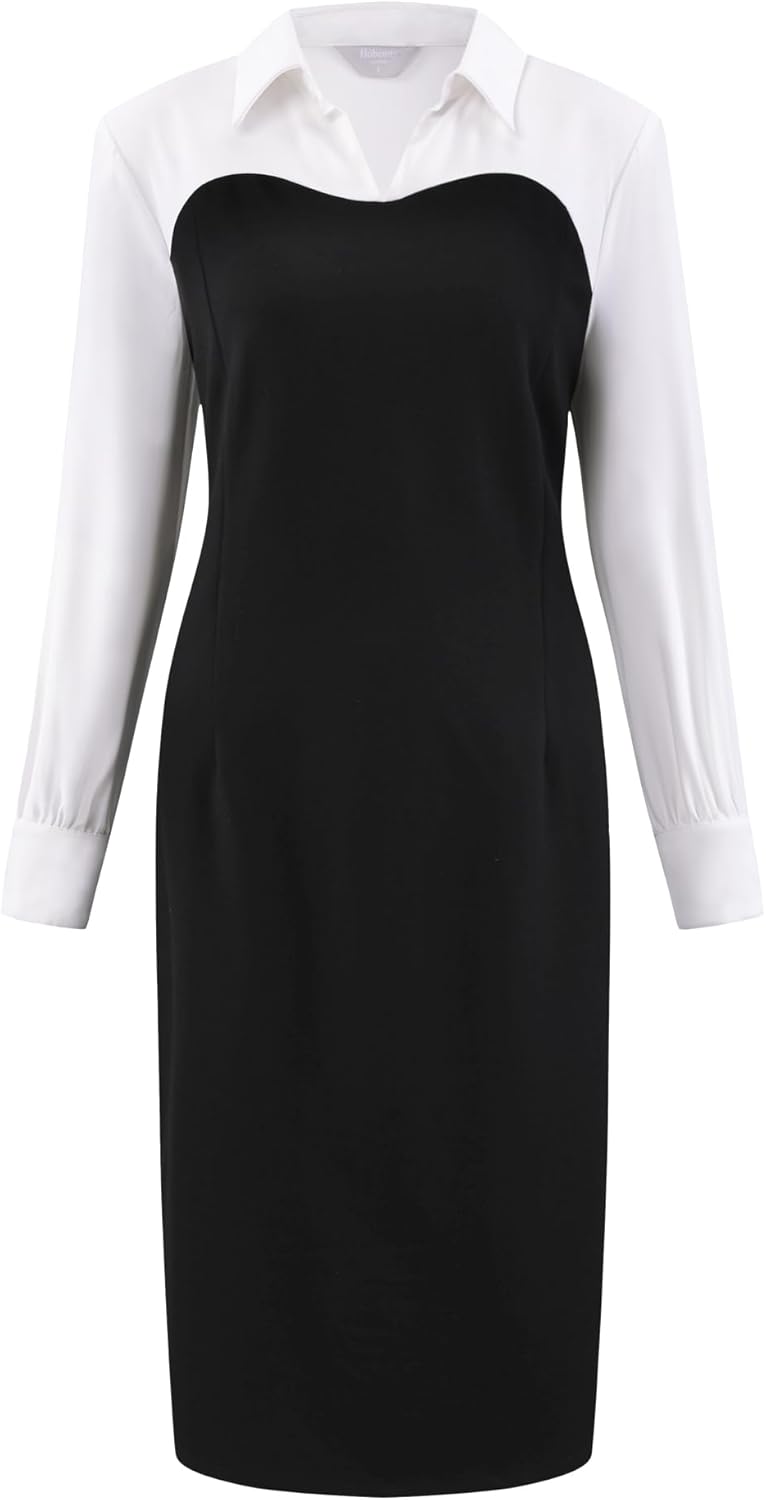 Women's Collar Pencil Dress Long Sleeve Contrast Color Office Work Knee Length Dresses