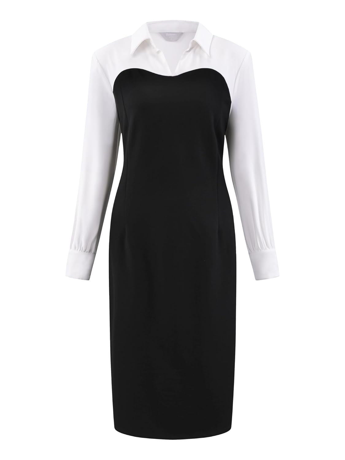 Womens Collar Pencil Dress Long Sleeve Contrast Color Office Work Knee Length Dresses
