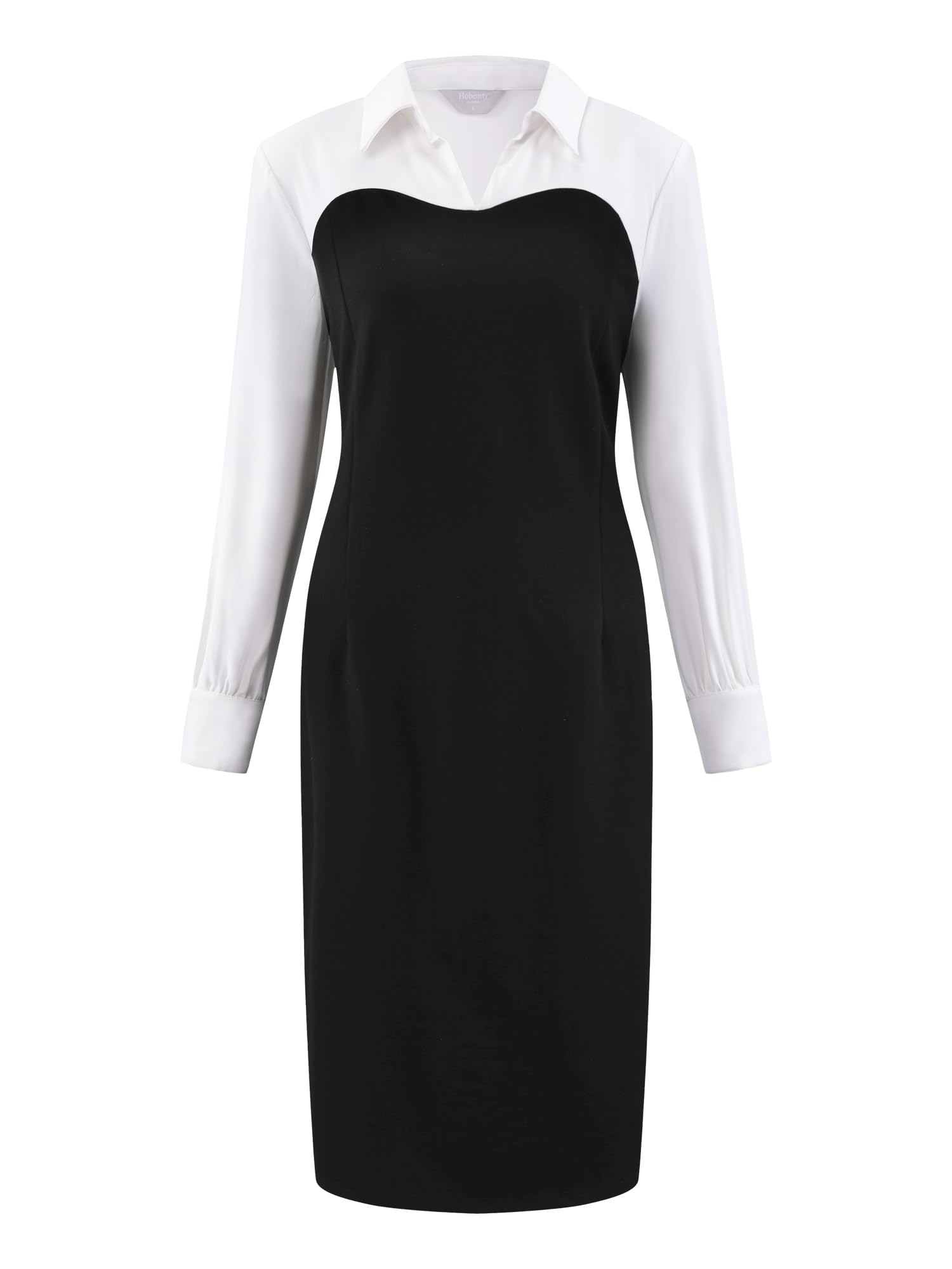 Womens Collar Pencil Dress Long Sleeve Contrast Color Office Work Knee Length Dresses