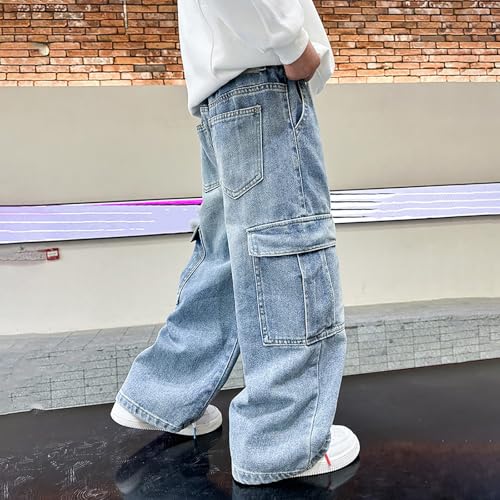 Boys Denim Jeans Pants Casual Baggy Spring Wide Leg Cargo Pants Drawstring Elastic Waistband Loose Fit Lightweight Trousers3