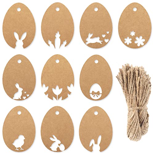 Whaline 100 Stück Oster-Kraftpapier-Anhänger mit Hanfseil, Ostereier-Form, ausgehöhlte Oster-Themen-Geschenkanhänger für Ostern, hängende Ornamente, DIY-Geschenk, Party, Gastgeschenk, Dekoration, 10