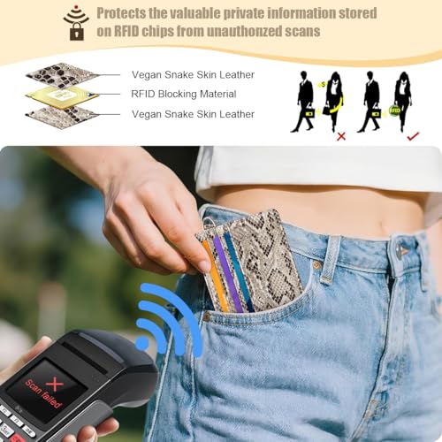 Image of Slim Credit Card Holder Vegan Snake Skin Wallet Women Thin Wallets | RFID Blocking Minimalist Lightweight Small Cute Cards Holders with ID Window, Light Snake Skin