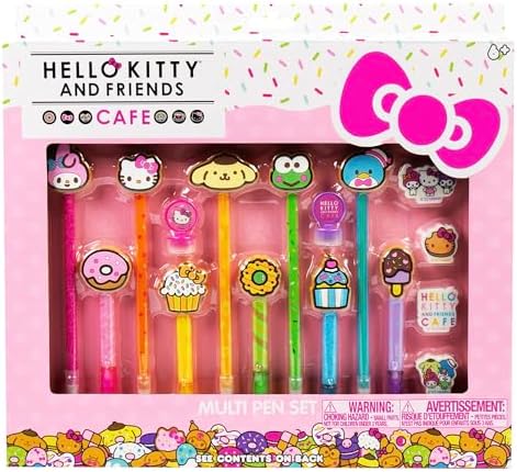 Hello Kitty & Friends Café Multi-Pen Set, 10 Pens for Kawaii Notebook, Stamps, Erasers & More Sanrio Stationery, Funny Office Supplies, Cute School, Merch