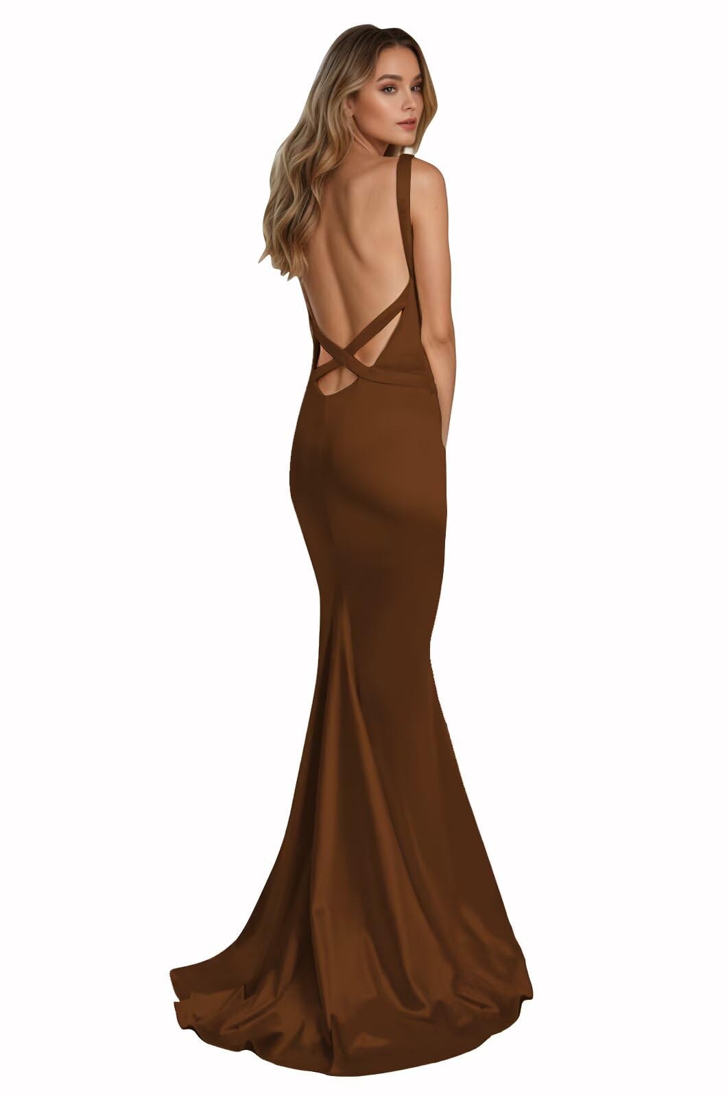 JNXIANGW Mermaid Satin Prom Dresses Backless Spaghetti Straps Long Formal Evening Gowns for Women Cocktail Party Dress Brown
