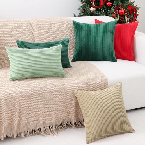 Mecatny Corduroy Decorative Throw Pillow Covers 24x24 Set of 2 for Sofa Living Room, Soft Neutral Boho Couch Pillow Covers for Home Decor, Green