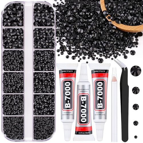 Image of Resin Jelly Rhinestones for Crafting with B7000 Jewelry Glue, 1 Box Black Flatback Crystal with 3Pcs 10ml Glue, Bedazzling Non Hotfix Gems for DIY Tumblers Clothing Shoes Manicure