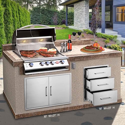 Image of Outdoor Kitchen Drawers,18 inch W x 23 inch H x 23 inch D Stainless Steel BBQ Triple Drawer, Flush Mount Access 3 Drawer for Outdoor Kitchen,BBQ Island