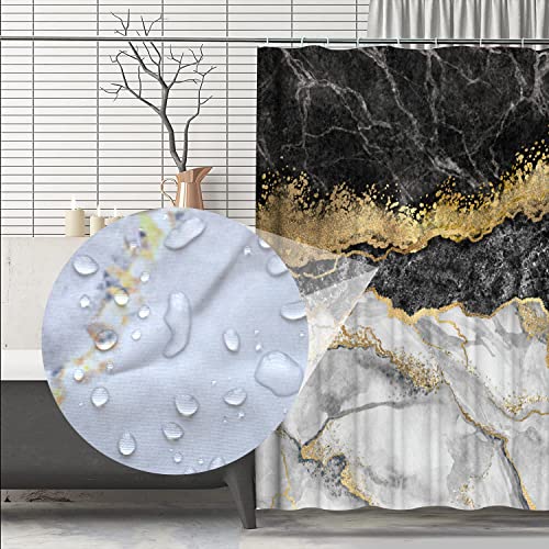 4Pcs Black Marble Shower Curtain Sets, Bathroom Sets With Shower Curtain And Rugs And Accessories, Rug Toilet Lid Cover And Non-Slip U Shape Mat, Waterproof Shower Curtain With 12 Hooks, 72" X 72" #TOP4
