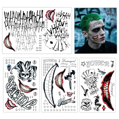 4 Sheets Joker Tattoos, Halloween Temp Tattoo for Men...