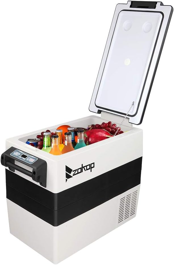 ZOKOP BCD52 portable refrigerator with lid open, showing contents