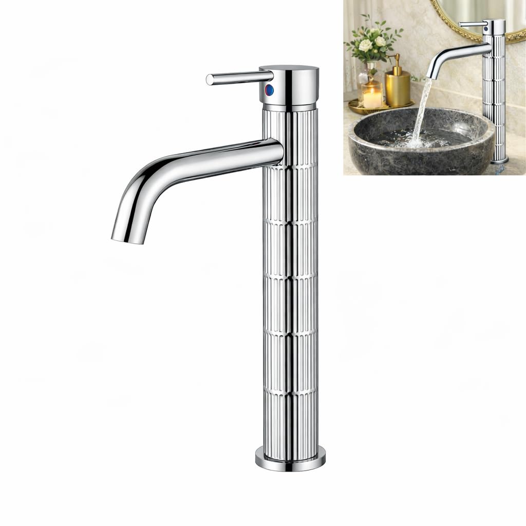 Grifo de lavabo alto monomando con cuerpo de latón, mezclador para lavabo sobre encimera, acabado cromado, cartucho cerámico duradero (Cromado, Alto)