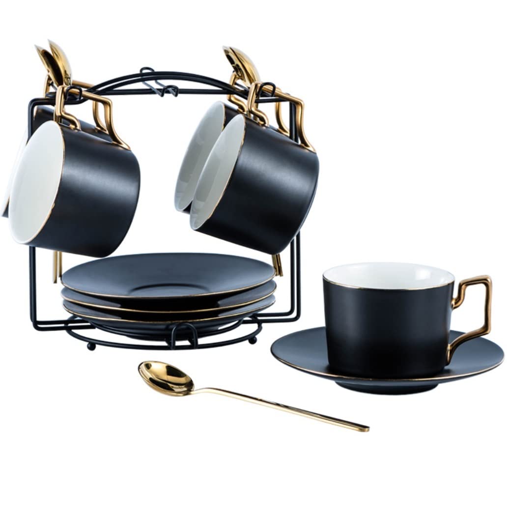 Zestaw Do Herbaty Zestaw Filiżanek Do Herbaty Filiżanki I Spodki Z Metalowym Uchwytem Złote Wykończenia Prosty Ceramiczny Kawy Domu Akcesoria Kuchenne(Black,13 Pieces)